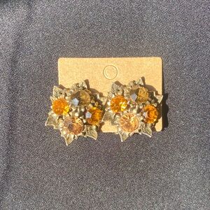 Gold Floral Clip-On Earrings with Amber Stones
